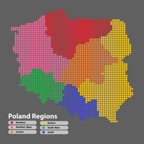 ポーランド地図領域の白い背景の上に明るい色でカラフルな円形。ベクトル図は点線スタイルです。 - cartography hungary map global positioning system点のイラスト素材／クリップアート素材／マンガ素材／アイコン素材