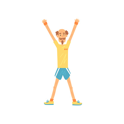 Full-length adult man standing with feet shoulder-width apart and doing stretching. Elderly male character with mustache and beard in sports wear. Active and healthy lifestyle. Isolated flat vector.