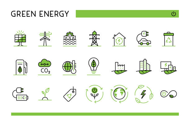 ilustraciones, imágenes clip art, dibujos animados e iconos de stock de conjunto de iconos de energía verde - environment responsibility gear resource