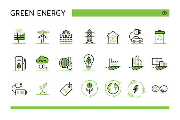 Green energy icon set Editable set of vector icons on layers. electrical tower illustration stock illustrations