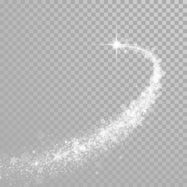 ilustrações, clipart, desenhos animados e ícones de natal feriado floco de neve brilho luz onda de partículas de neve cintilante e efeito de luz brilhante de confete. vector brilhante brilho brilho trilha para natal ou ano novo fundo branco - paranormal