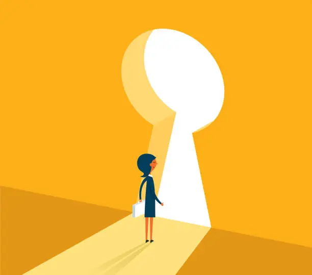Vector illustration of Businesswoman on standing looking at keyhole door