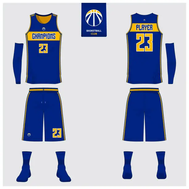 Vector illustration of Basketball uniform or sport jersey, shorts, socks template for basketball club. Front and back view sport t-shirt design. Tank top t-shirt mock up with basketball flat symbol design. Vector.