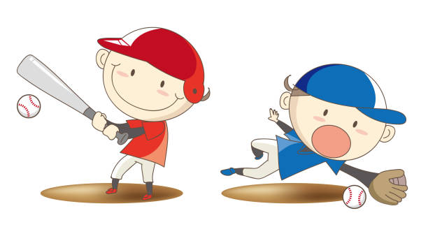 мальчики бейсбол набор - действие изображение - baseball batting bat fielder stock illustrations