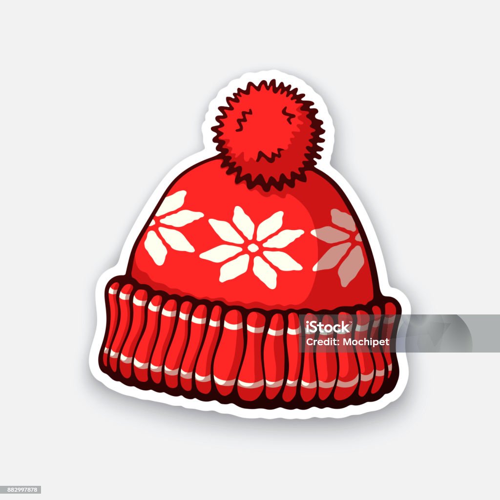 Sticker of red winter hat with pompon and snowflake pattern Vector illustration. Red winter hat with pompon and snowflake pattern. Christmas headdress made of wool for cold weather. Sticker in cartoon style with contour. Isolated on white background Knit Hat stock vector
