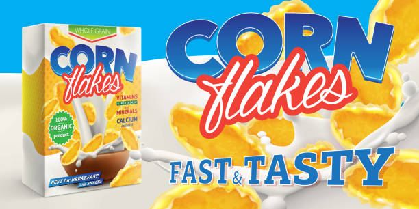 corn flakes werbung plakat mit box und großes aufsehen gießen milch vektor-realistische illustration - cornflakes stock-grafiken, -clipart, -cartoons und -symbole