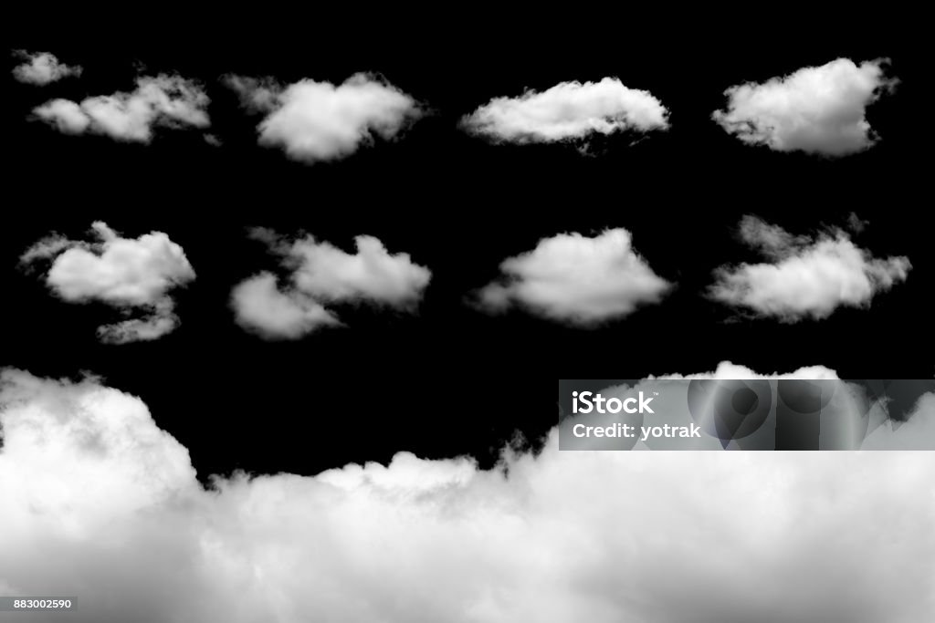 Set of isolated clouds on black Cloud - Sky Stock Photo