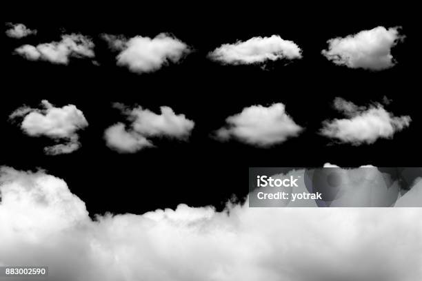 Set Of Isolated Clouds On Black Stock Photo - Download Image Now - Cloud - Sky, Cloudscape, Cut Out
