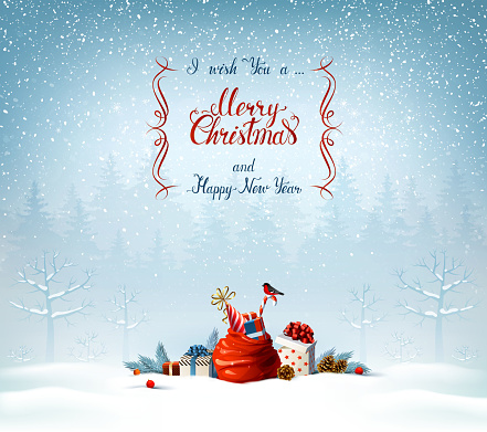 Merry Christmas and Happy New Year calligraphy inscription. Santa Clauses bag, presents, candy, bullfinch in the blue winter forest on the Holiday background.