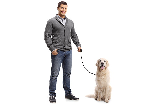 Full length portrait of a guy with a labrador retriever dog isolated on white background
