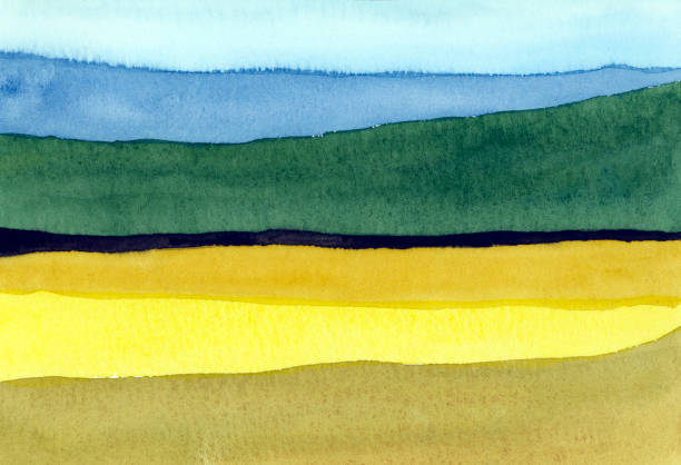 istock watercolor landscape field and mountain 883005976