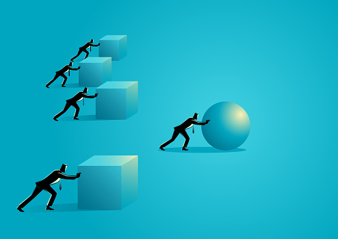 Business concept illustration of a businessman pushing a sphere leading the race against a group of slower businessmen pushing boxes. Winning strategy, efficiency, innovation in business concept