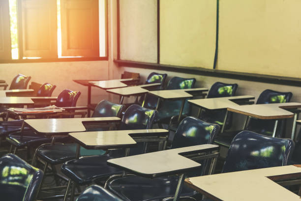 istock Classroom in background without ,No student or teacher . with Sunset limelight  near window. 883006808