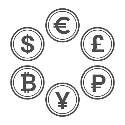 Currency flat icon set. Euro, dollar, bitcoin, yuan, ruble and pound sterling line style vector coins