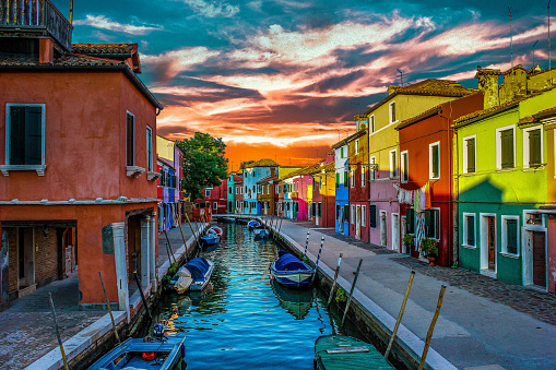 Burano Island's colorful houses on cloudy day
