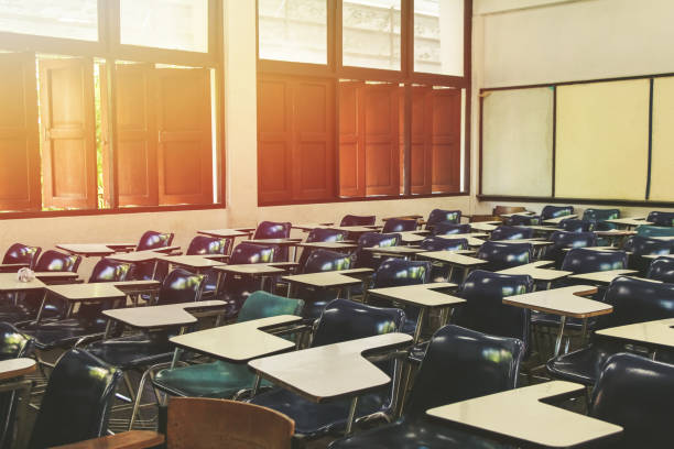 istock Classroom in background without ,No student or teacher . with Sunset limelight  near window. 883028056