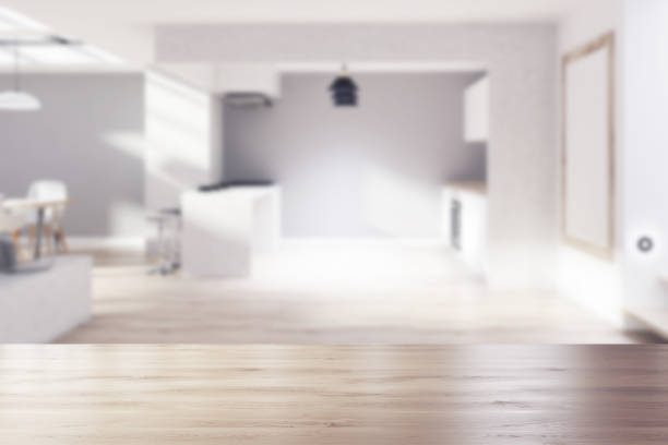 istock Gray, wooden kitchen, dining room, poster blurred 883038308