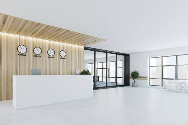 istock White and wooden reception, meeting room, side 883041096