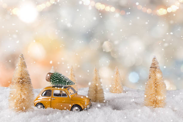 christmas decoration with little car and tree on the roof - czech republic ski winter skiing imagens e fotografias de stock