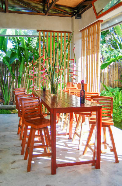 istock chair and table set with flower 883041792