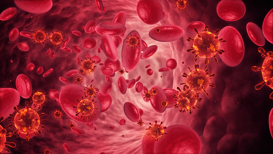 3d render Blood cells and bacterium (depth of field)