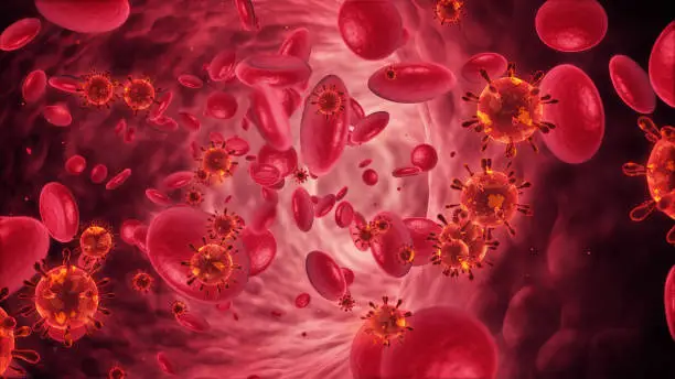 3d render Blood cells and bacterium (depth of field)