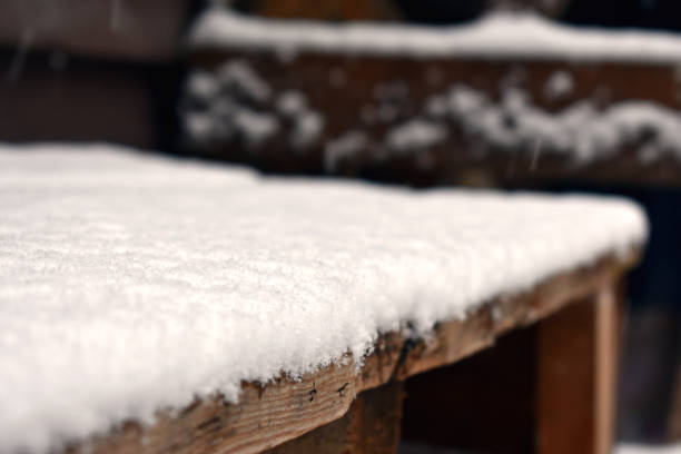 Empty benches on a city lawn. A cold winter day with flying snow. Selective focus. Without people. City landscapes
