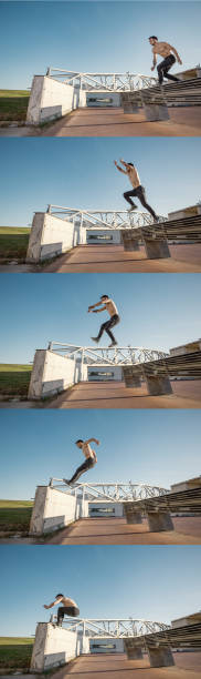 Man practicing parkour in the city Young man practicing free running in the city parkour sequence stock pictures, royalty-free photos & images