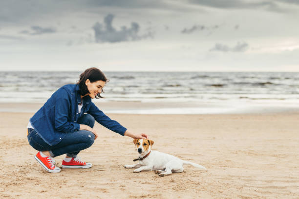 istock Woman walks with dog on shore 883057970