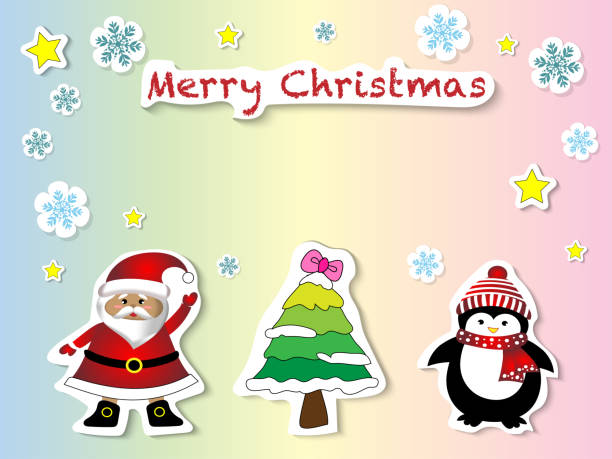Vector Và Minh Họa Của Dễ Thương Vẽ Tay Sticker Phong Cách Ông Già Noel Cây Giáng  Sinh Chim Cánh Cụt Với Từ Giáng Sinh Vui Vẻ Trên Nền Pastel Hình minh
