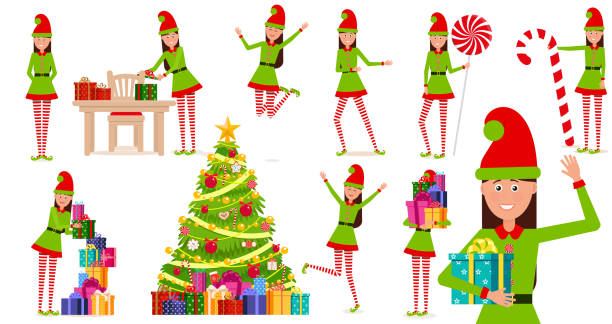 A cheerful girl in a gnome costume. A cartoon character in various poses.Set of vector, isolated objects Vector illustration. Painted in shape mrs claus stock illustrations