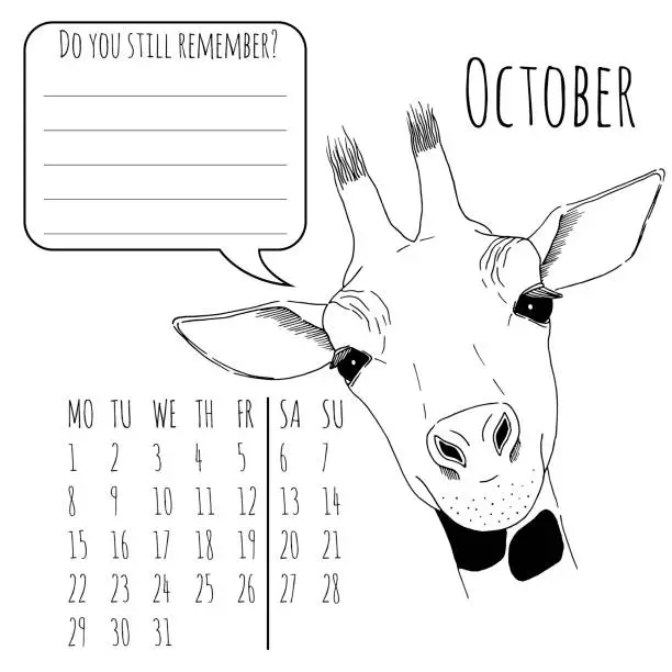 Vector illustration of Calendar reminder with cute graphic giraffe in vector 2018