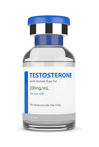 3d render of testosterone injection vial over white background