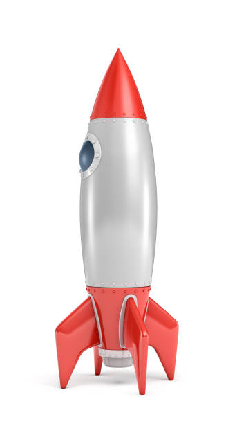 istock 3d rendering of a single silver and red rocket ship with a round porthole isolated on a white background. 883076398