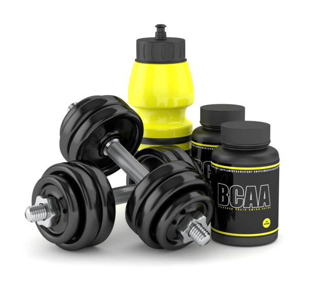 istock 3d render of BCAA bottle with dumbbells and water bottle 883076868