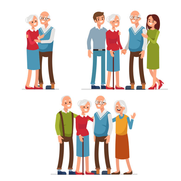 elderly people Elderly people with friends and family standing together. Flat style vector illustration. vector love care old stock illustrations