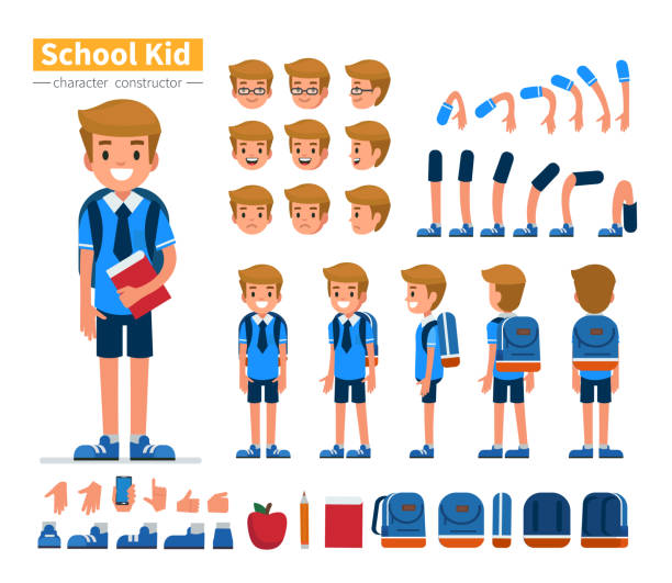 boy character School boy character constructor for animation. Flat style vector illustration isolated on white background. side eye expression stock illustrations