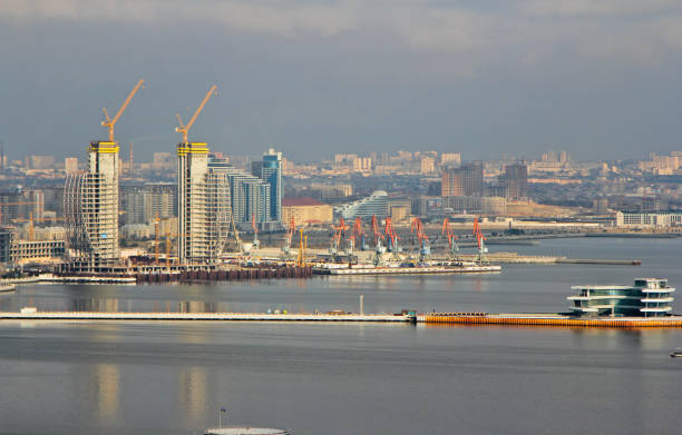 Panorama of the Baku Boulevard and Marine Passanger Terminal behund Port Baku Mall, Azerbaijan. Baku skyline panoramic view from the Martyrs Lane viewpoint. Right on the Baku Yacht Club on the Caspian Sea. baku national park stock pictures, royalty-free photos & images