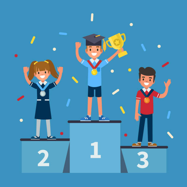 kids on podium Kids winners standing on podium. Flat style vector illustration. confident boy stock illustrations