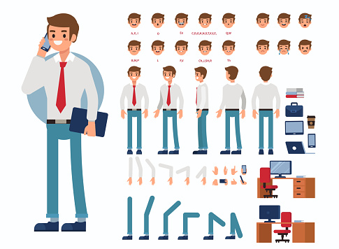 Business man character constructor and office objects for animation.  Set of various men's poses, faces, mouth, hands, legs. Flat style vector illustration isolated on white background.