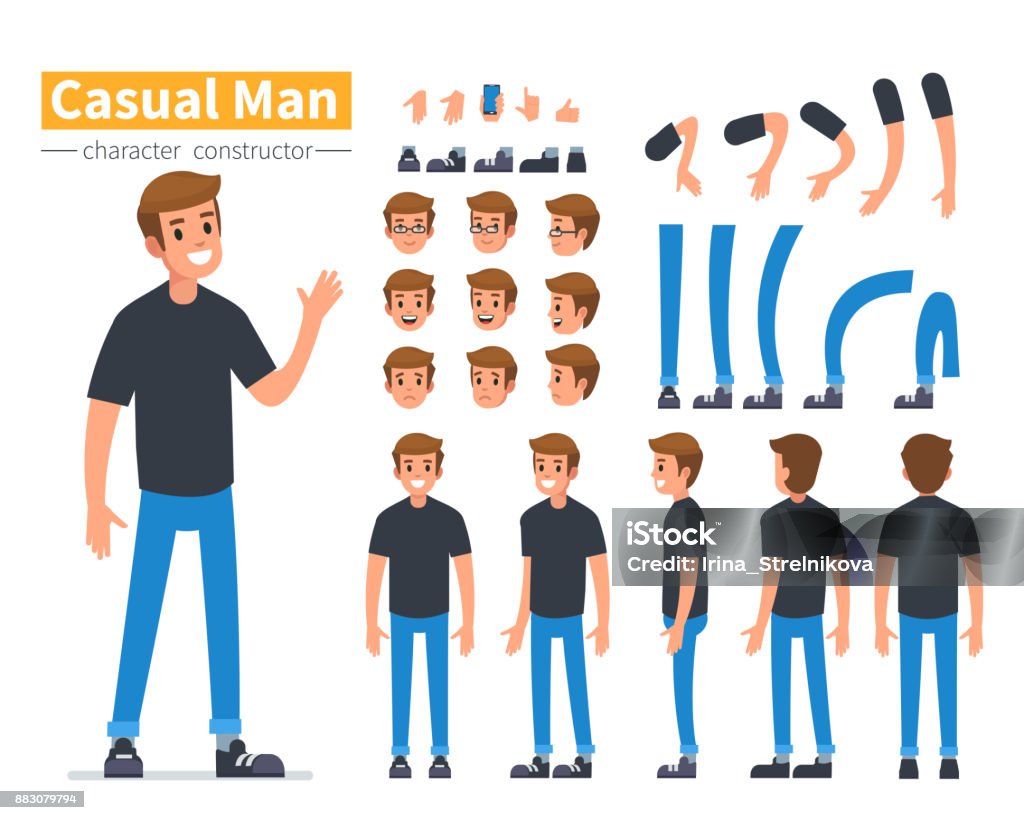 man character Casual man character constructor for animation. Flat style vector illustration isolated on white background. Characters stock vector