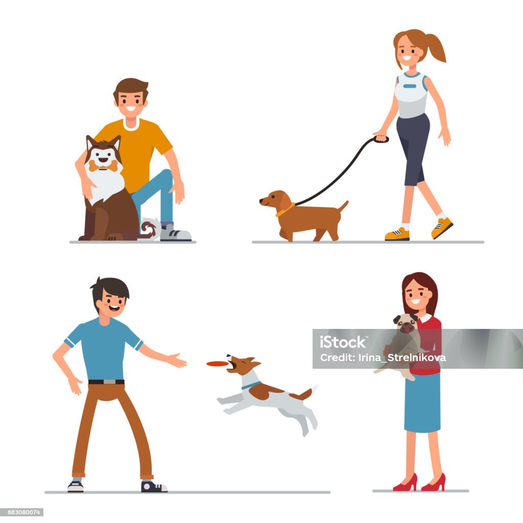 playing with dog People walking and playing with their dogs. Flat style vector illustration isolated on white background. Dog stock vector
