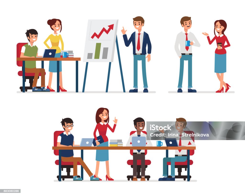 teamwork Business teamwork. Office work occupation moments. Flat style vector illustration isolated on white background. Office stock vector