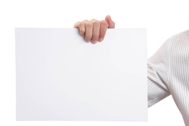 istock business hand holding blank paper for presentation advertising on white background. 883081178