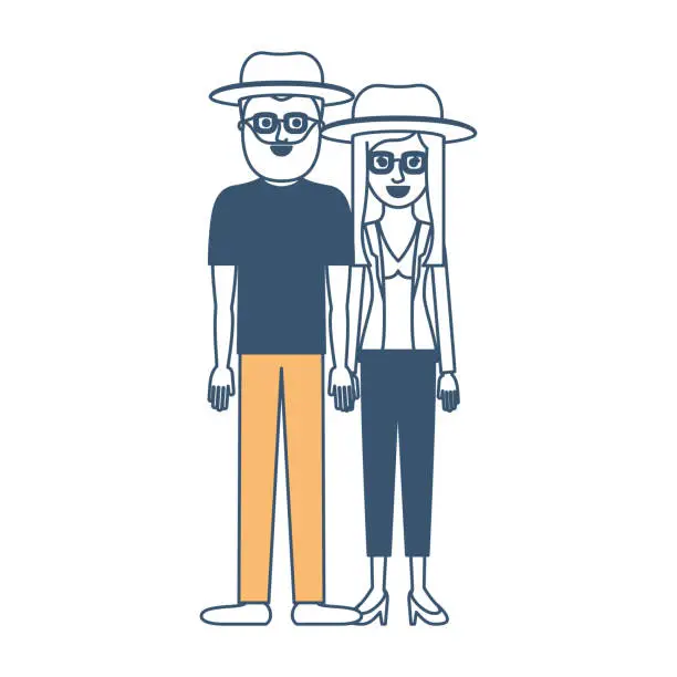 Vector illustration of couple in color sections silhouette and both with hat and glasses and pants and him with beard and t-shirt and shoes and her with blouse and jacket and heel shoes and layered hair