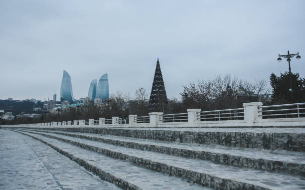 Panorama on the Baku Boulevard and Flame Towers near Milli Park. Baku, Azerbaijan - December 25, 2016: Christmas tree in the National Park in the gray winter day baku national park stock pictures, royalty-free photos & images