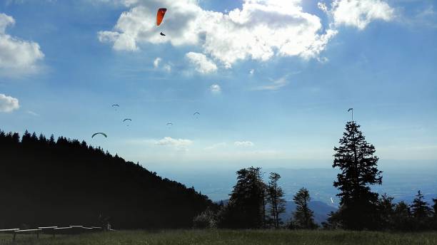 parapendio che si gode l'aria sul monte kandel vicino a friburgo in brisgovia - outdoors nature paragliding autumn foto e immagini stock