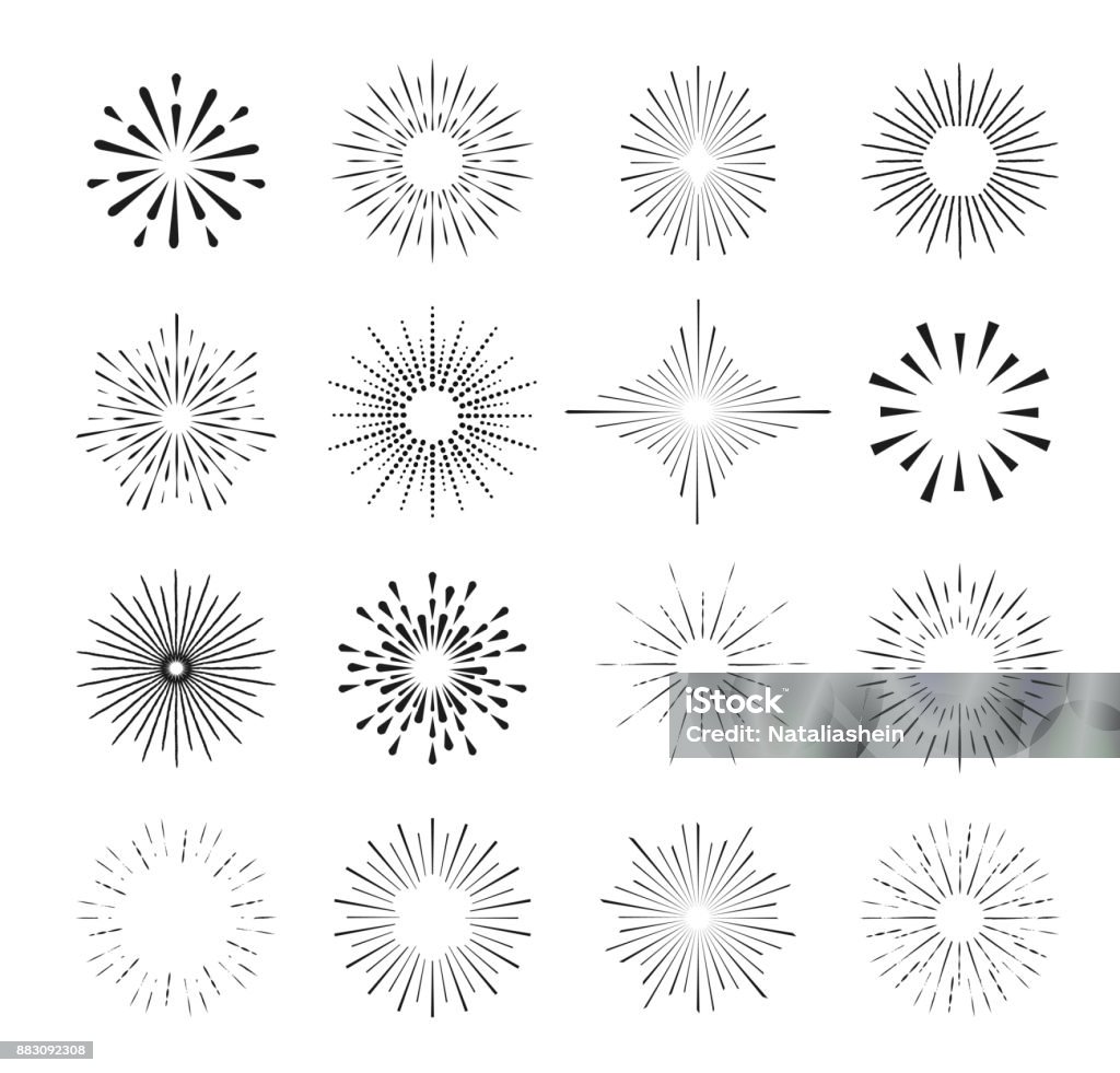 Set of retro sunburst rays design elements. Set of isolated sunburst rays design elements on a black background.Collection of retro sunburst rays design elements. Exploding stock vector