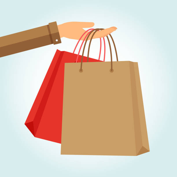 Hand hold bag shopping Hand holding two paper bags shopping. Vector illustration. shopping bag illustrations stock illustrations