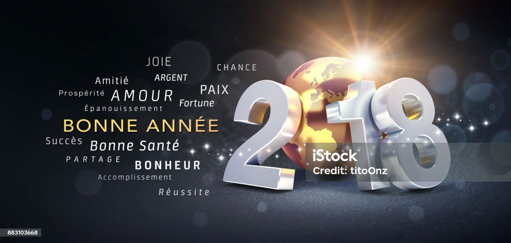 New Year 2018 Greeting Card in French New Year date 2018 composed with a golden planet earth and greeting words in French - 3D illustration 2018 Stock Photo